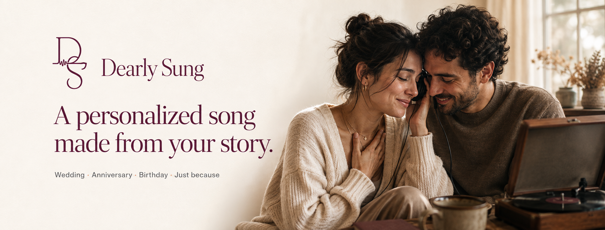 A couple sharing an emotional first listen to their personalized Dearly Sung song